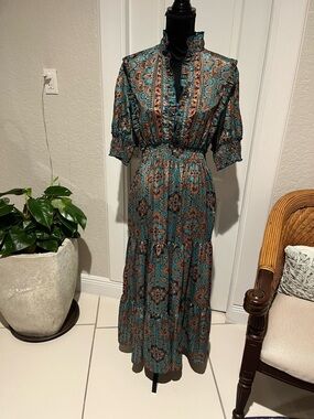 Teal and Rust Paisley Maxi Dress with Smocked Waist